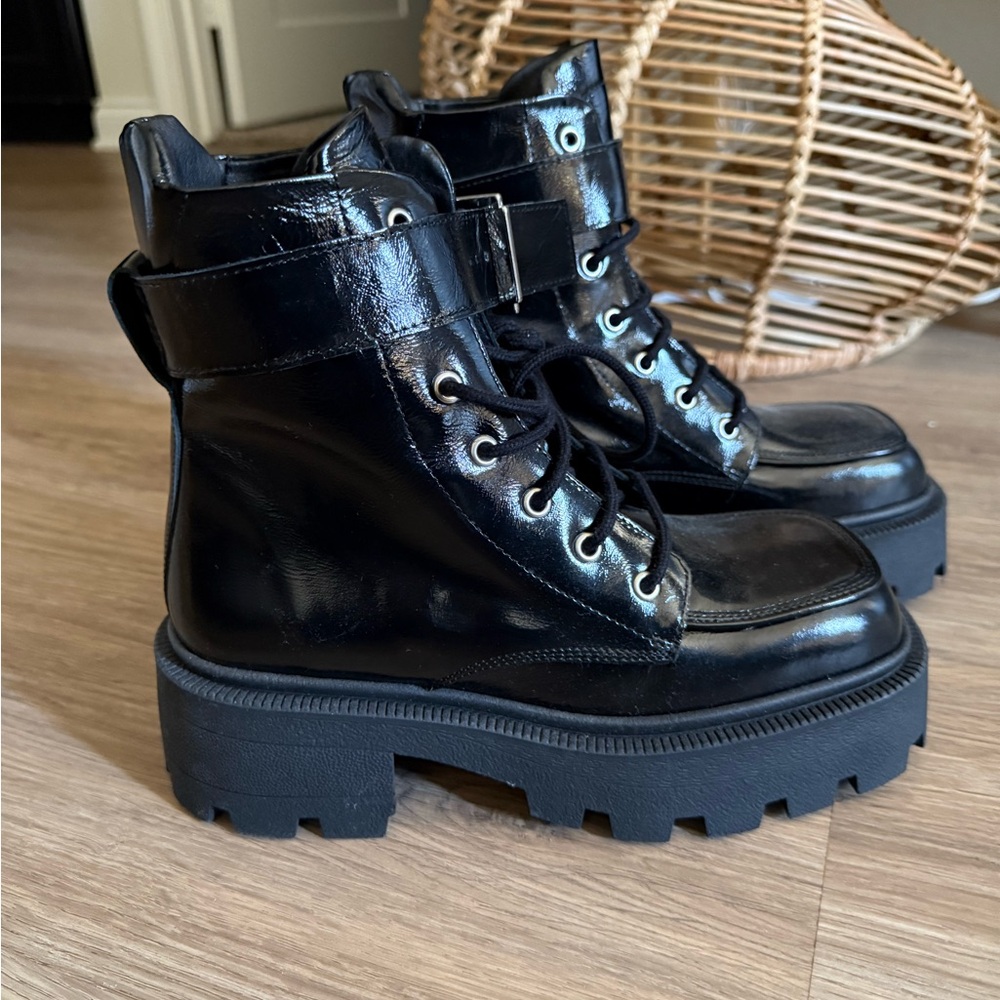 Cooperative Black Combat Moto Boots with Chunky Platform